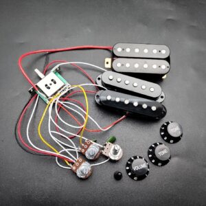 ST Guitar Wiring Harness with 5-Way Pickup Switch, 2T1V SSH Pickup, and Knob Caps – Black/White, Alloy Construction, Includes 3 Full-Size Pots (250K) for Builds and Upgrades, Guitar Upgrade Parts, Sleek Metallic Finish, Durable Metal Construction