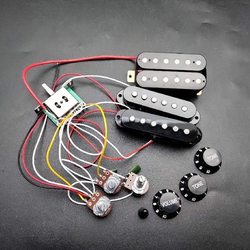 ST Guitar Wiring Harness with 5-Way Pickup Switch, 2T1V SSH Pickup, and Knob Caps - Black/White, Alloy Construction, Includes 3 Full-Size Pots (250K) for Builds and Upgrades, Guitar Upgrade Parts, Sleek Metallic Finish, Durable Metal Construction
