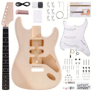 Leo Jaymz 1pc DIY Electric Guitar Kit – S-S-S Pickup Configuration, Ebony Fretboard, Maple Neck, Mahogany Body – Single Tremolo Bridge, 22 Frets, Fully Enclosed Tuning Pegs, Room Electrical Wiring